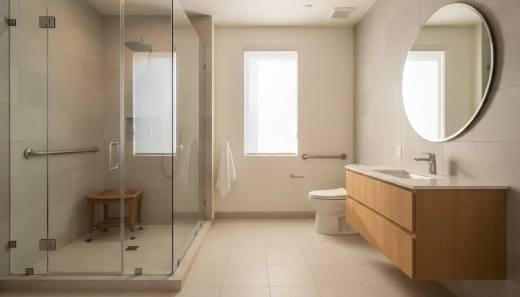 Modern accessible bathroom with a curbless shower and grab bars