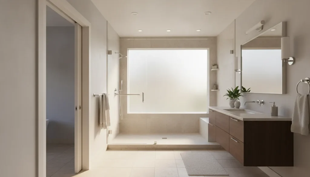 Accessible bathroom design with a zero-threshold shower and grab bars