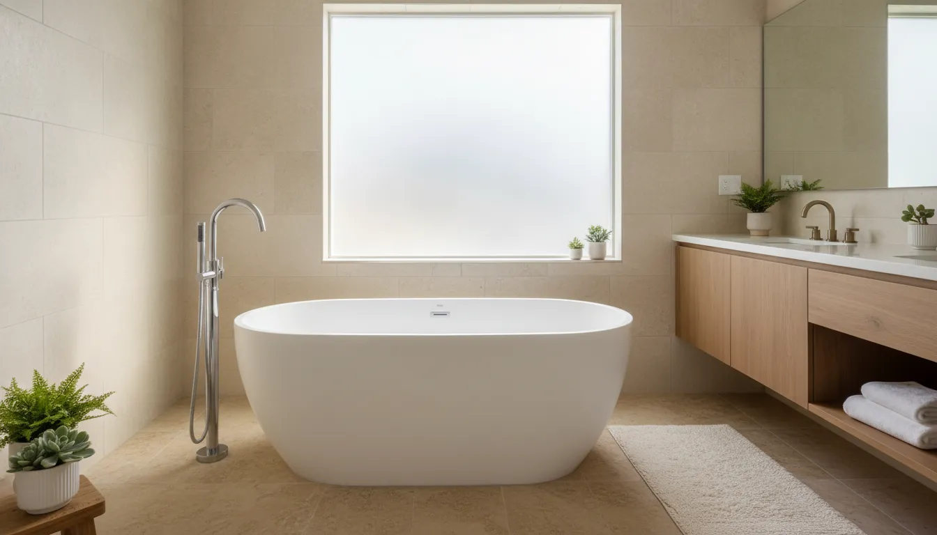 Modern San Diego bathroom with a white freestanding tub and floor-mounted faucet