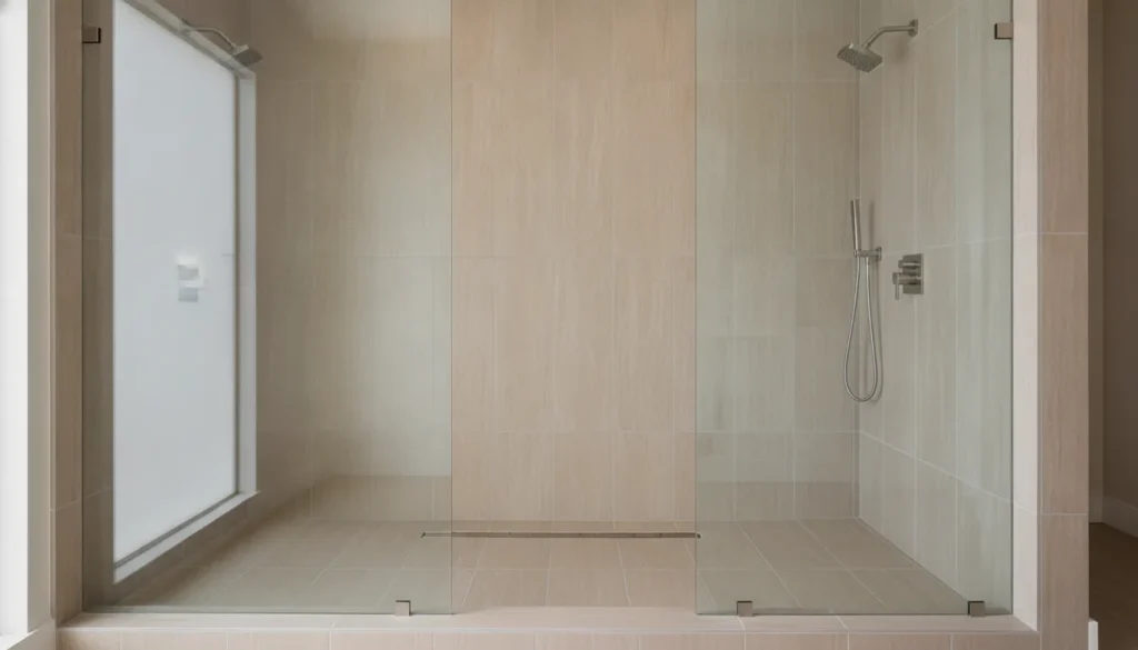 Modern curbless shower with a flush tile entry and linear drain