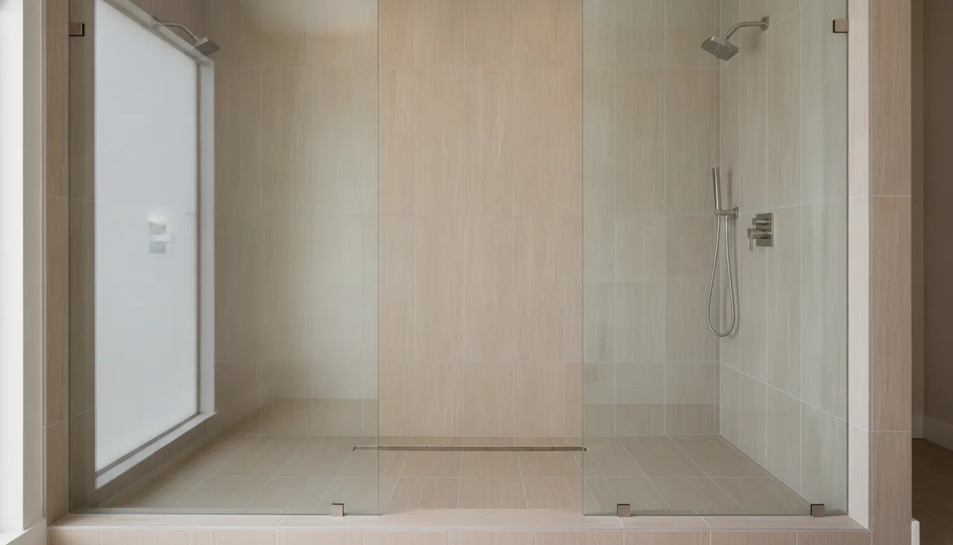 Modern curbless shower with a flush tile entry and linear drain