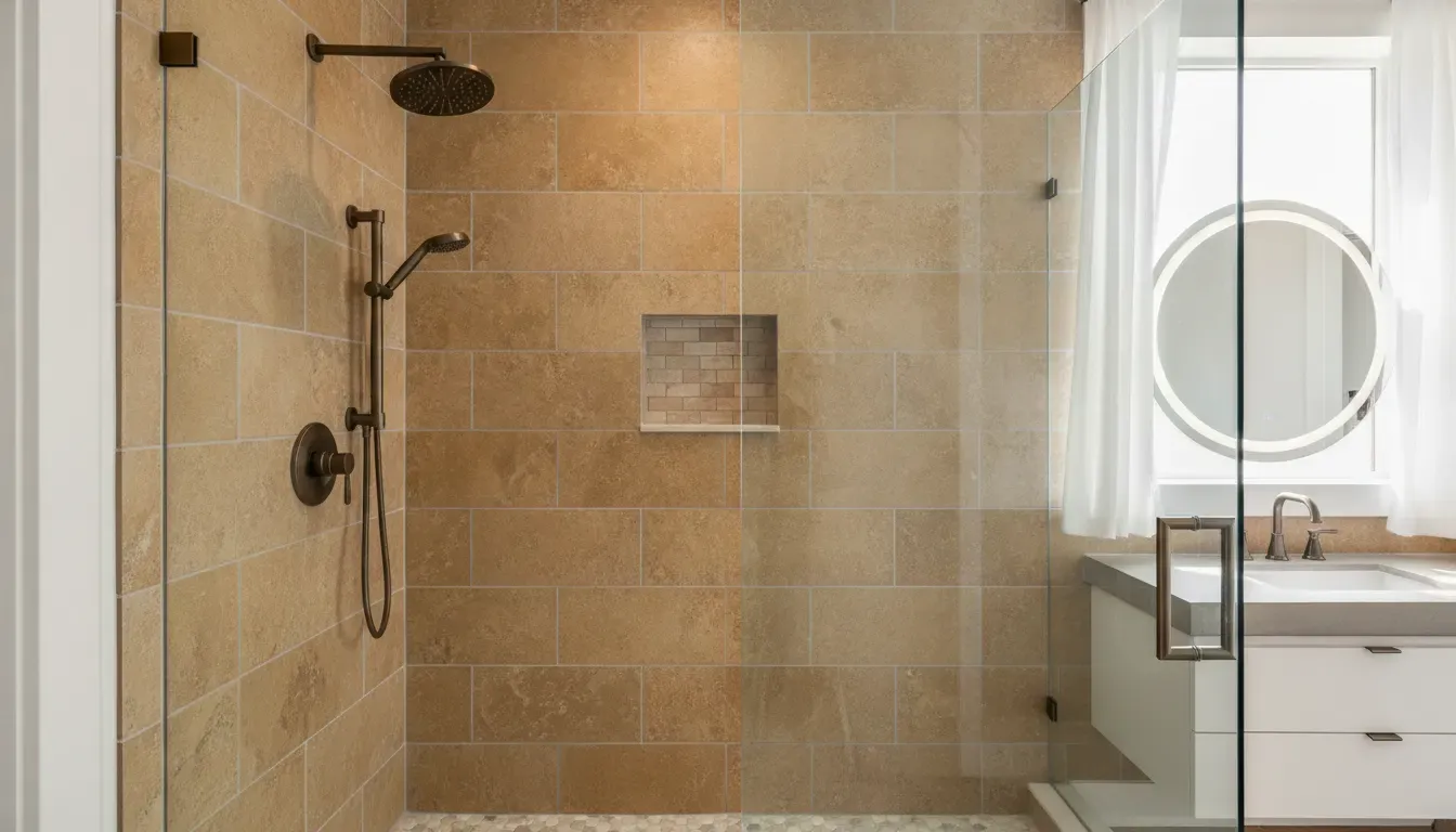 Custom tile shower installation with warm stone-look wall tile and a recessed niche