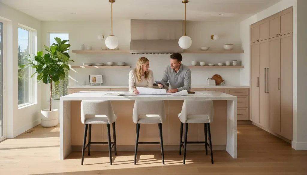 Homeowners reviewing home remodel financing plans in a remodeled San Diego kitchen