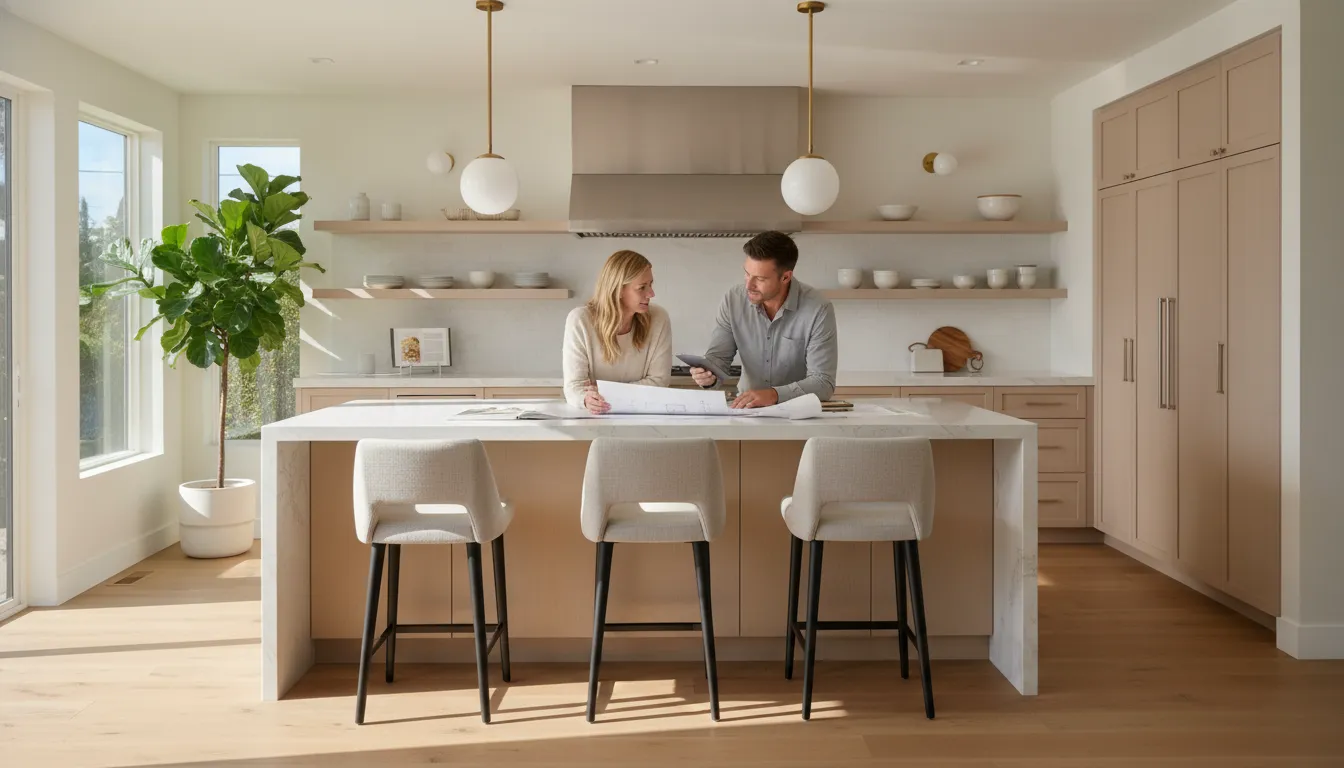 Homeowners reviewing home remodel financing plans in a remodeled San Diego kitchen