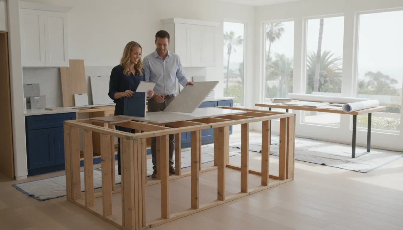 Homeowner and designer reviewing a kitchen island plan in San Diego