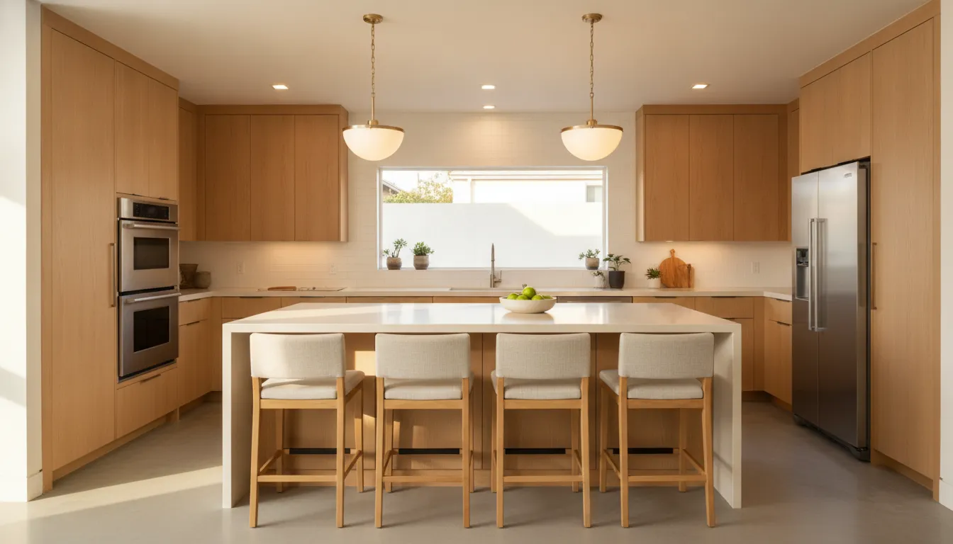 Kitchen island with seating, warm wood cabinets, and generous walkway clearance