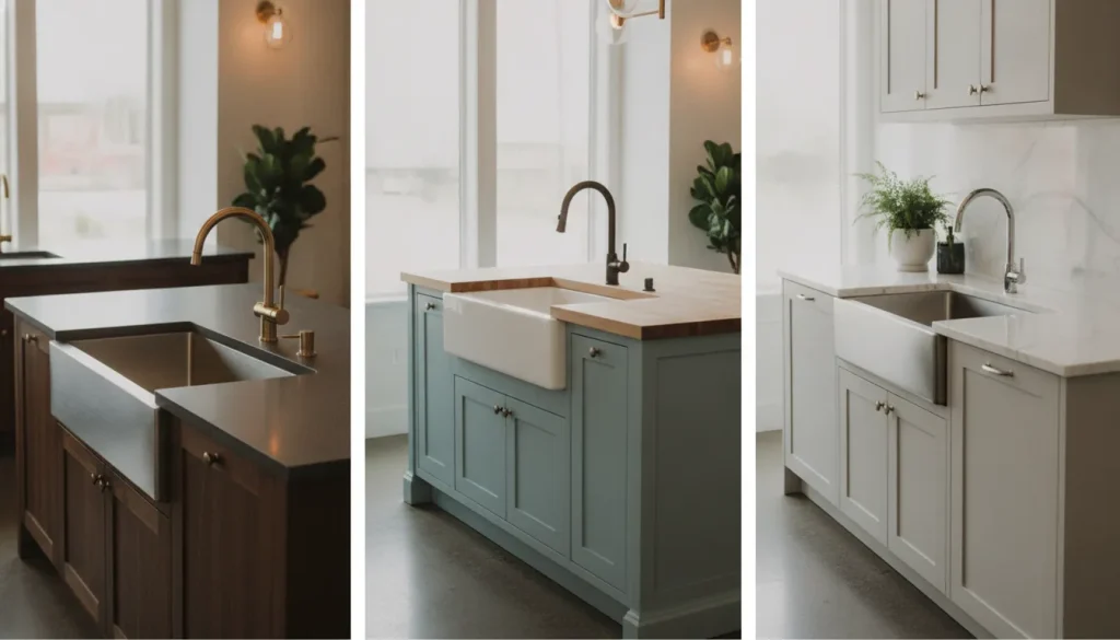 Modern kitchen showroom displaying undermount, farmhouse, and drop-in sinks
