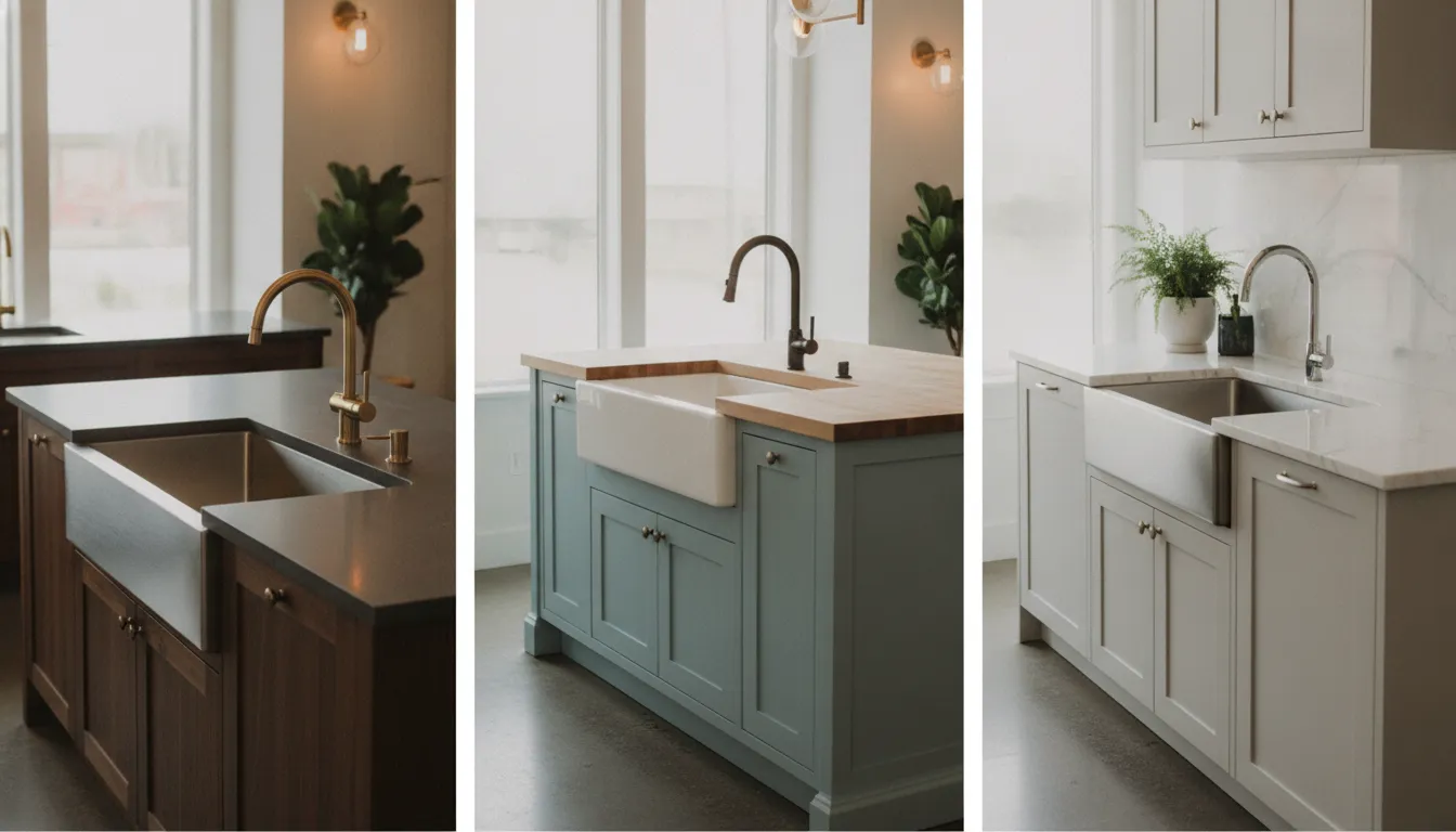 Modern kitchen showroom displaying undermount, farmhouse, and drop-in sinks