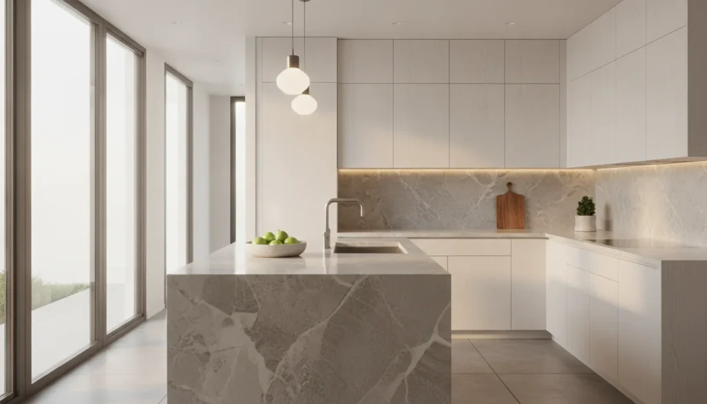Modern San Diego kitchen with a matte laminate countertop, warm wood cabinets, and natural light