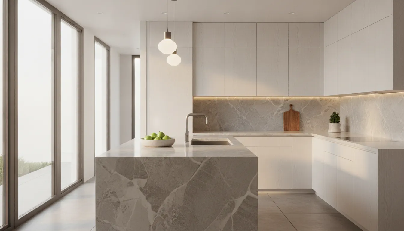 Modern San Diego kitchen with a matte laminate countertop, warm wood cabinets, and natural light