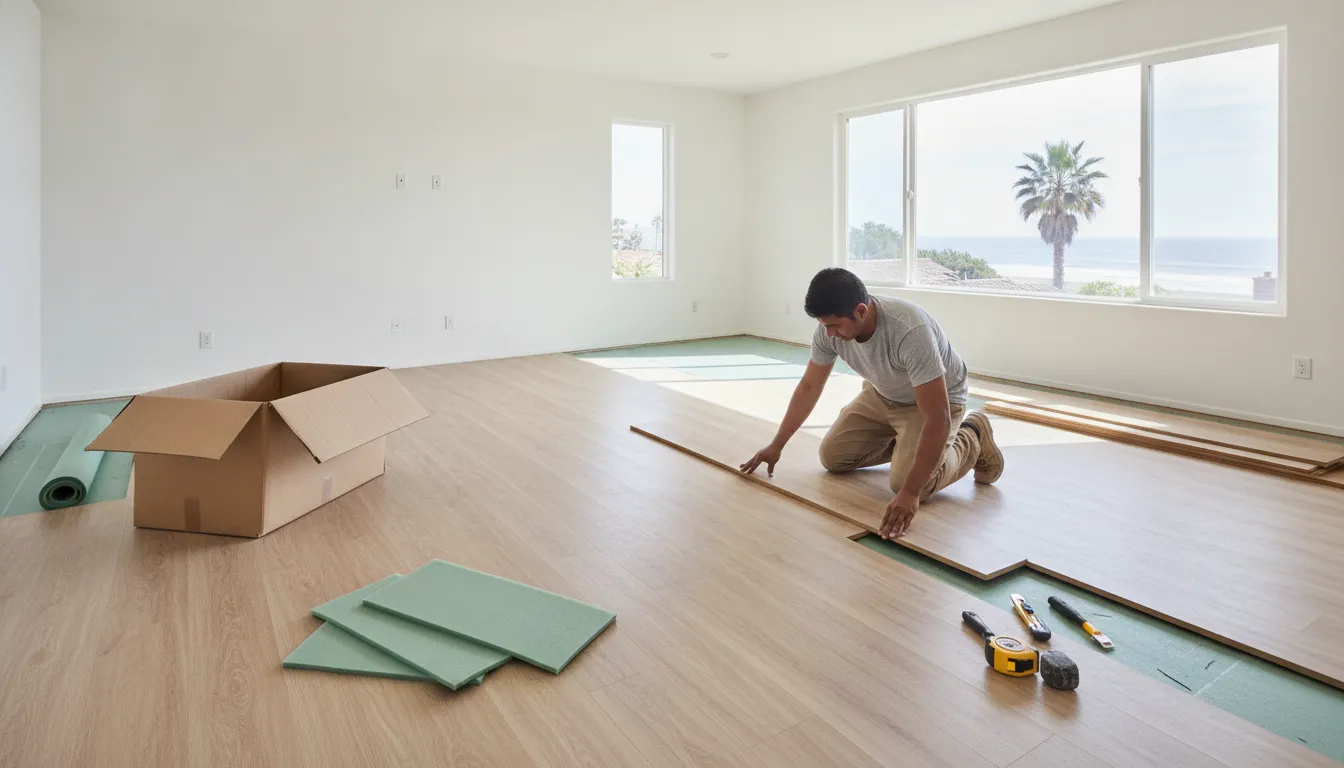 Laminate flooring installer fitting wood-look planks in a bright San Diego home