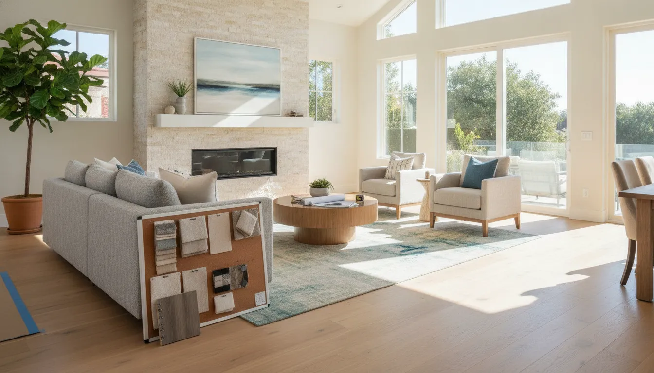 Upscale San Diego living room with wood-look flooring and refined natural finishes