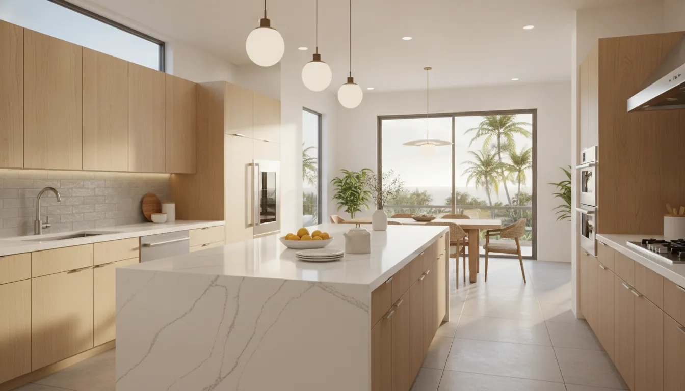 Modern San Diego kitchen with a white quartz island and subtle gray veining