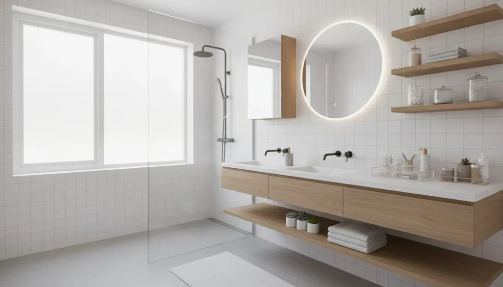 Modern small bathroom with built-in storage and floating shelves