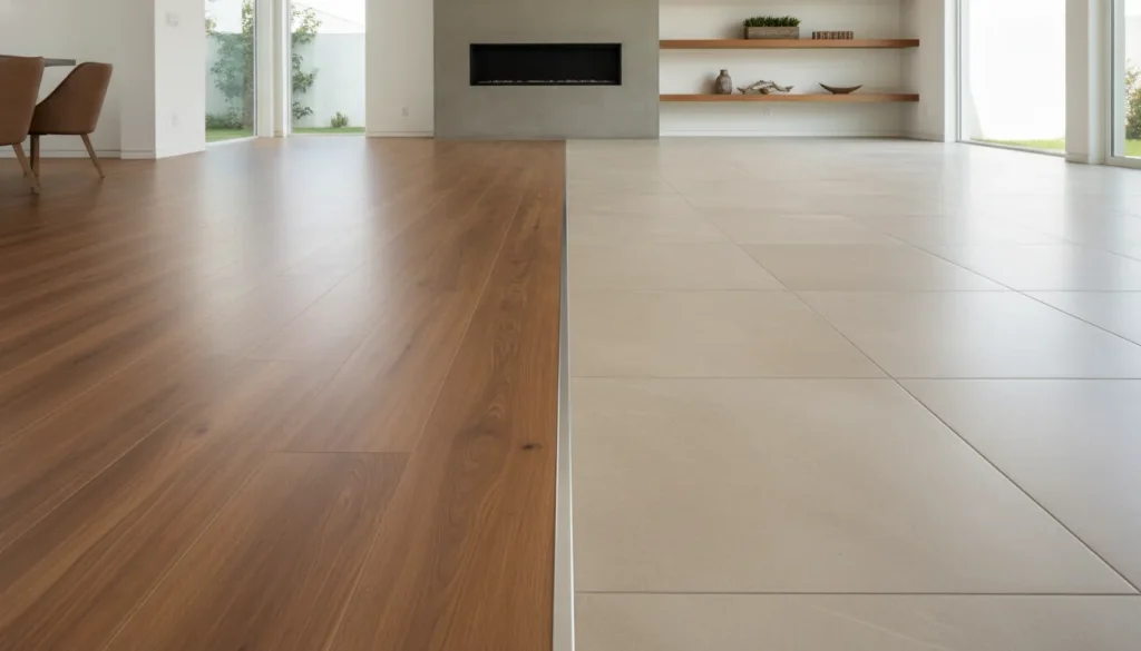 Tile and luxury vinyl plank flooring compared in a modern home