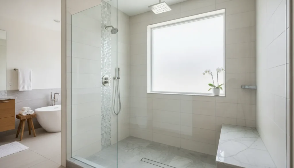 Modern walk-in shower with frameless glass enclosure and bench seating in a bright spa-like San Diego bathroom