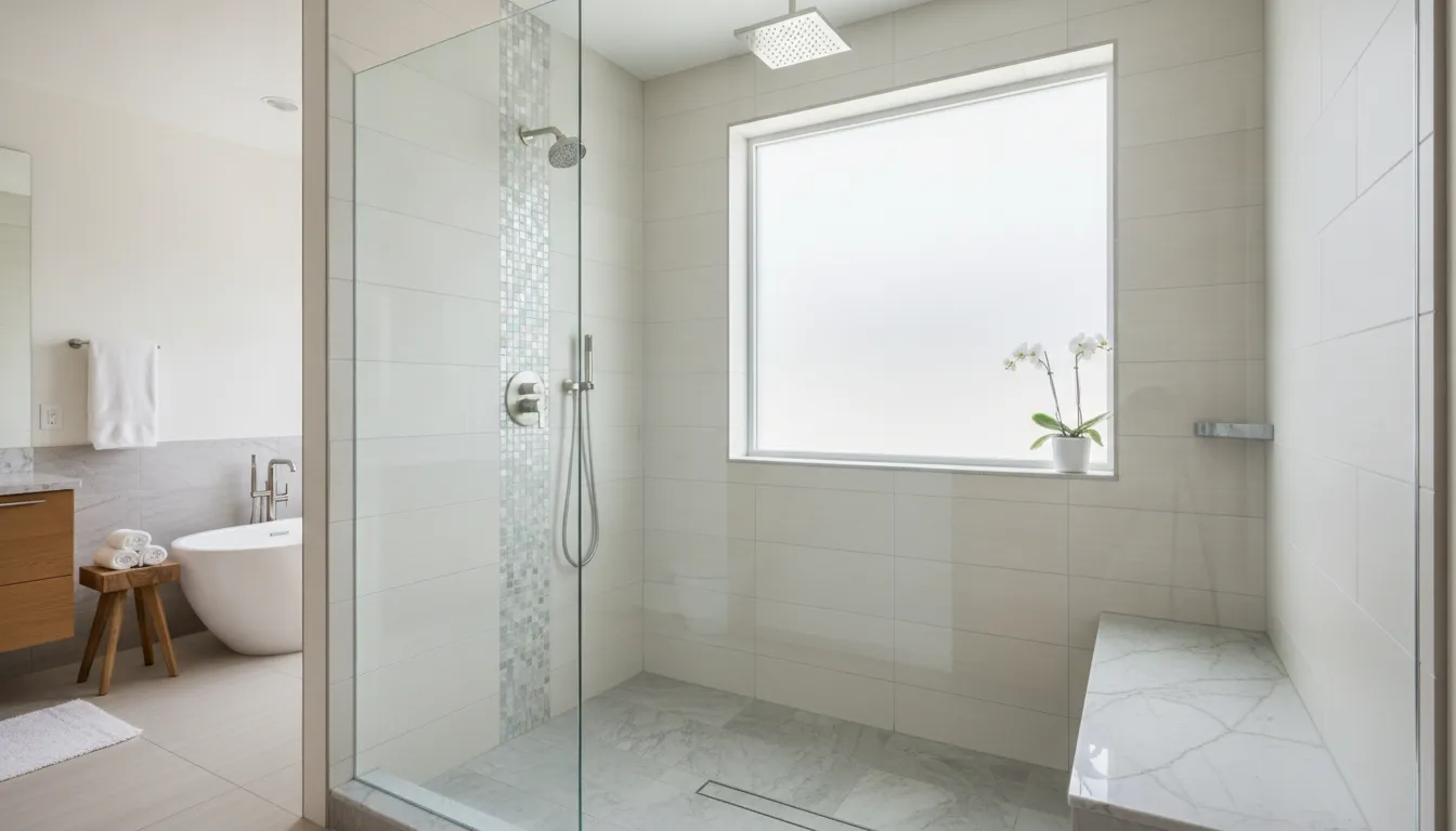 Modern walk-in shower with frameless glass enclosure and bench seating in a bright spa-like San Diego bathroom