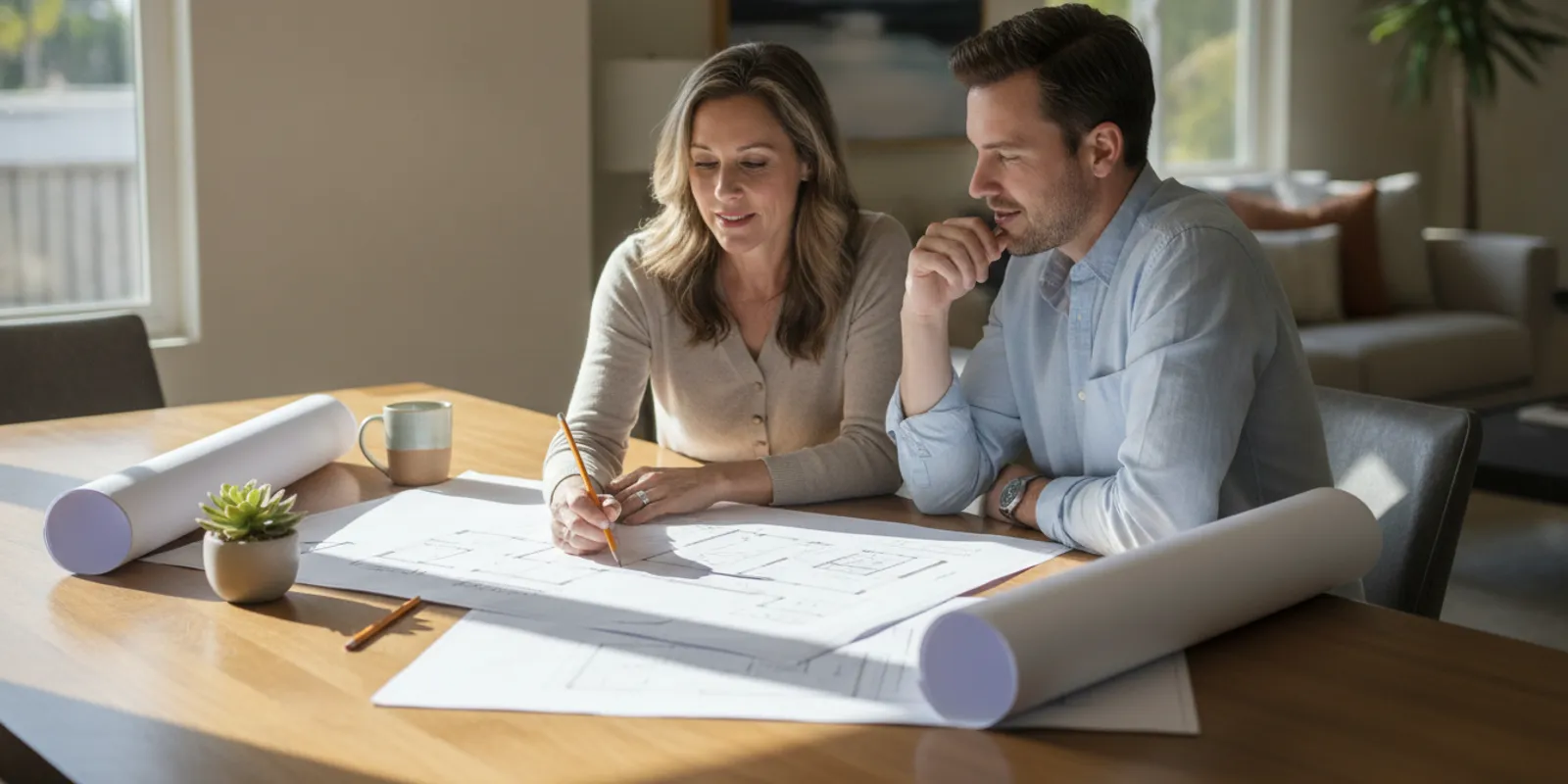 Homeowner and design professional reviewing accessory dwelling unit plans at a table