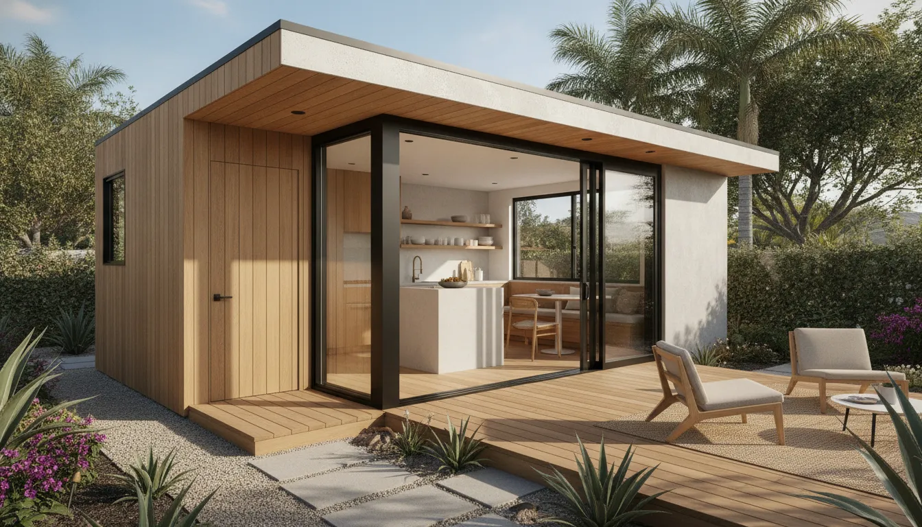 Modern ADU designs in a San Diego backyard with large windows and native landscaping