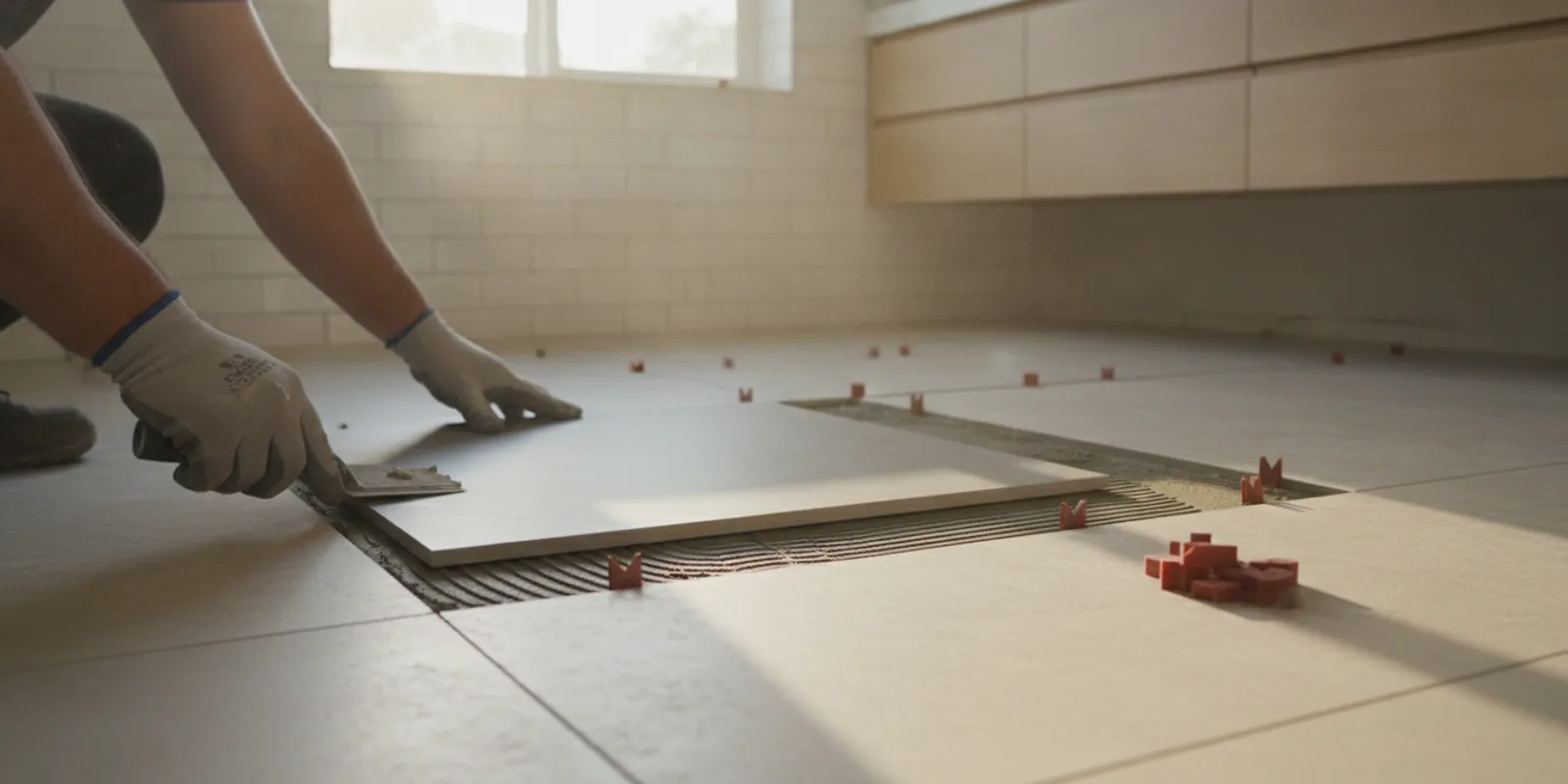 Tile installer carefully setting floor tile in a bright bathroom renovation
