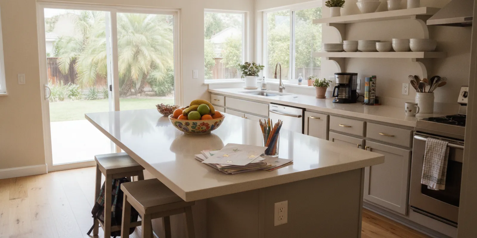 Bright family kitchen with a durable neutral countertop and island
