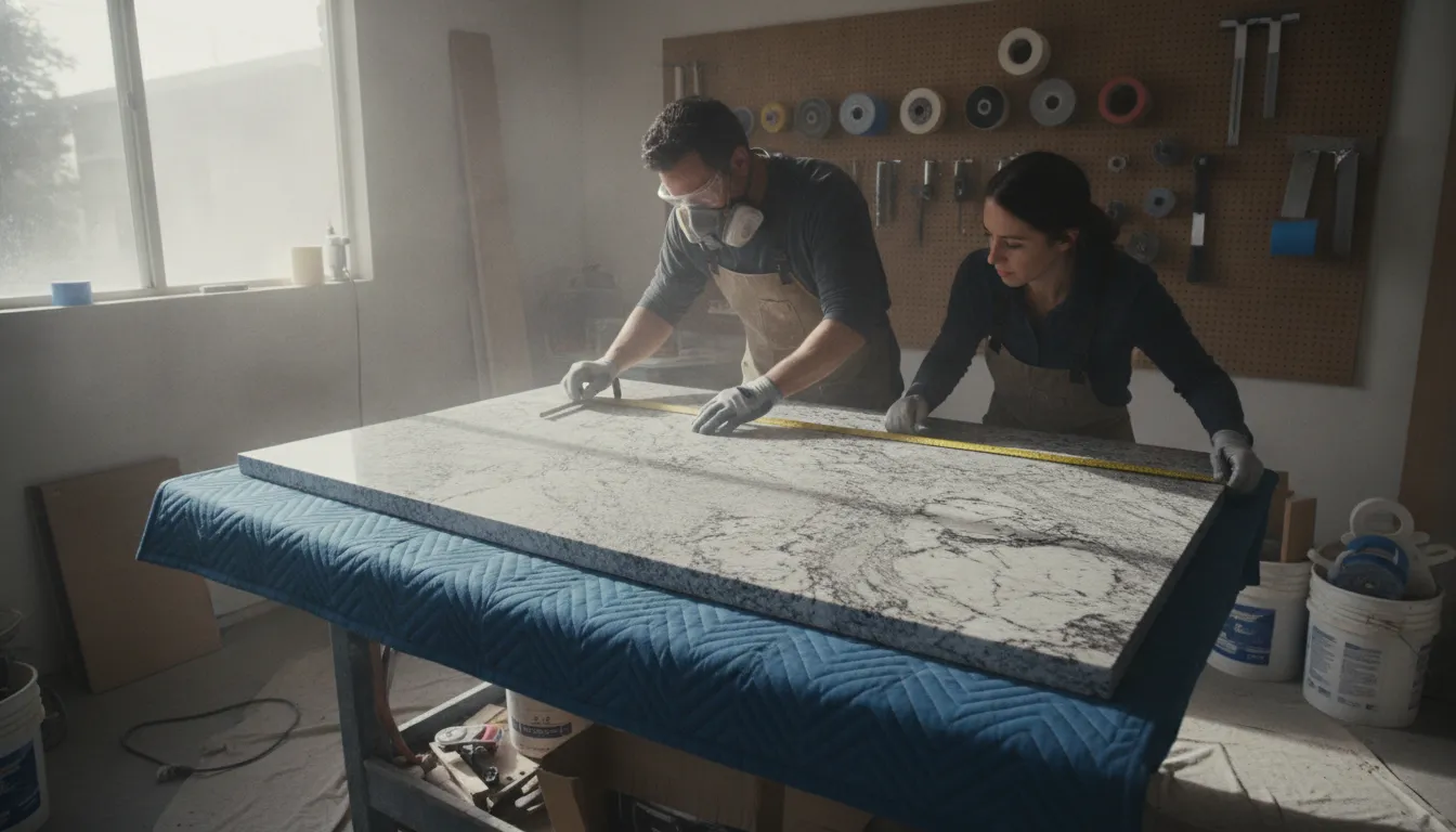 Countertop fabrication workers measuring a stone slab in a workshop
