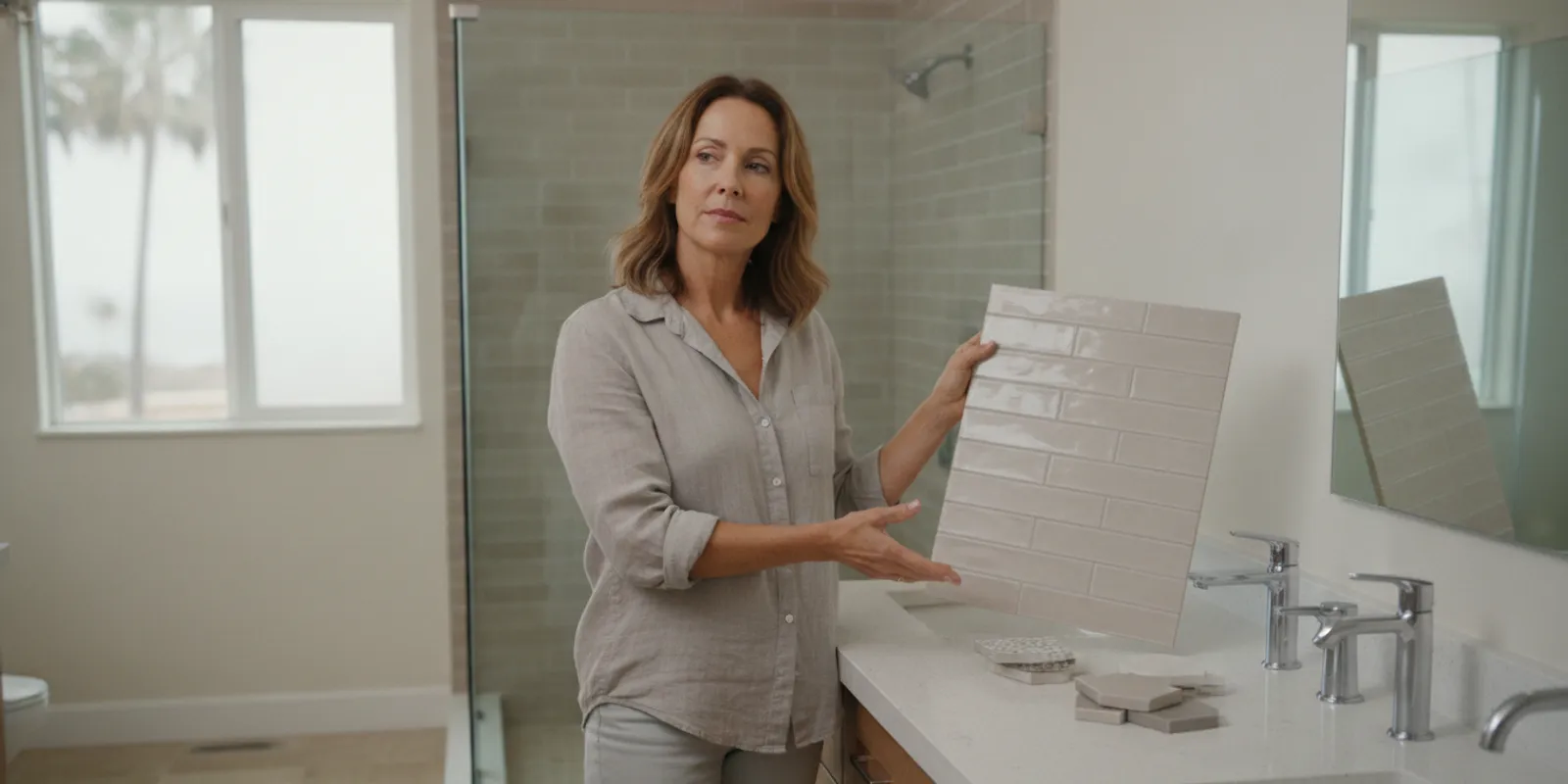 Homeowner reviewing bathroom tile and fixture samples in a bright bathroom
