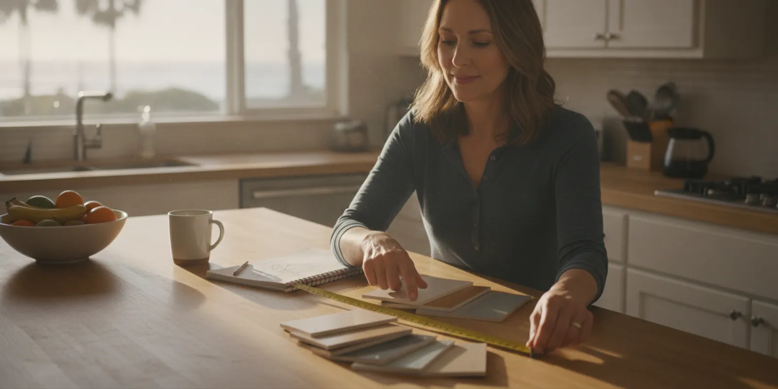 Homeowner measuring a kitchen cabinet beside a sample board during a remodeling project