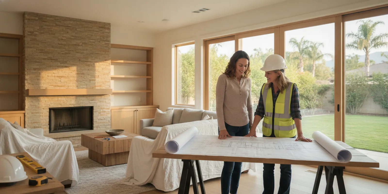 Home addition contractors San Diego reviewing a bright family room addition with homeowners