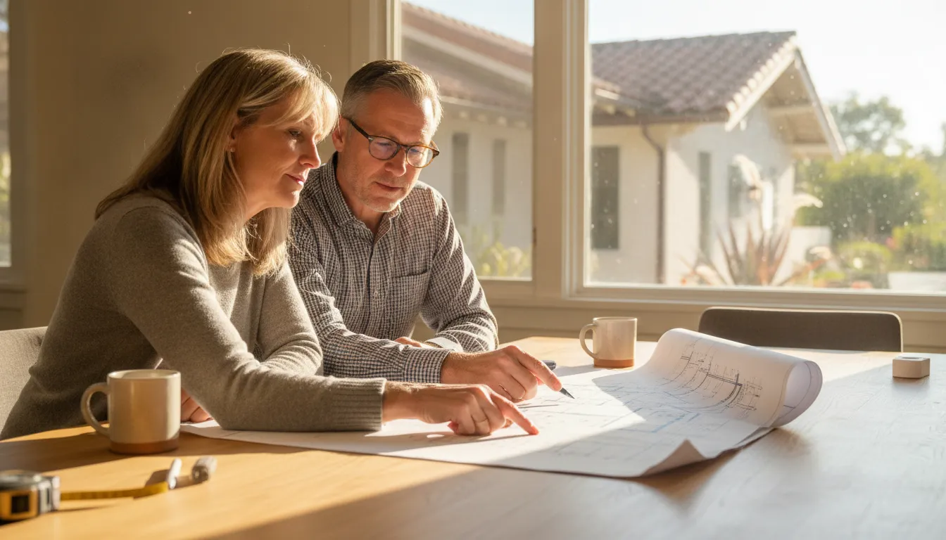 San Diego homeowners reviewing home addition plans before construction