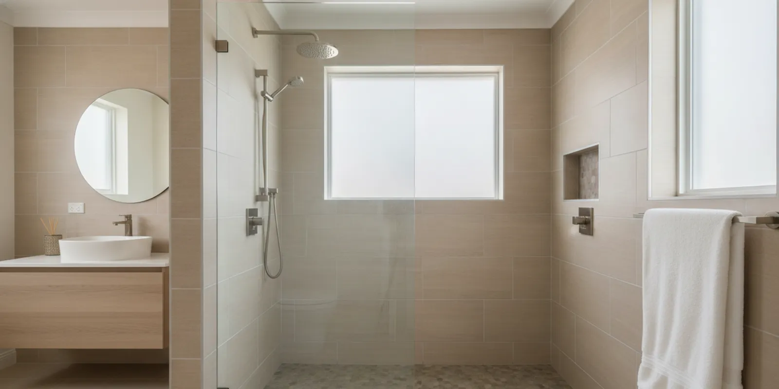 A newly tiled walk-in shower with glass enclosure and neutral stone-look tile