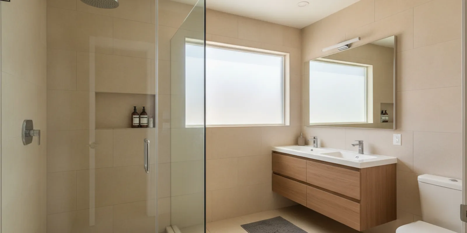 Bathroom shower with a privacy-glazed window set above the tiled wall