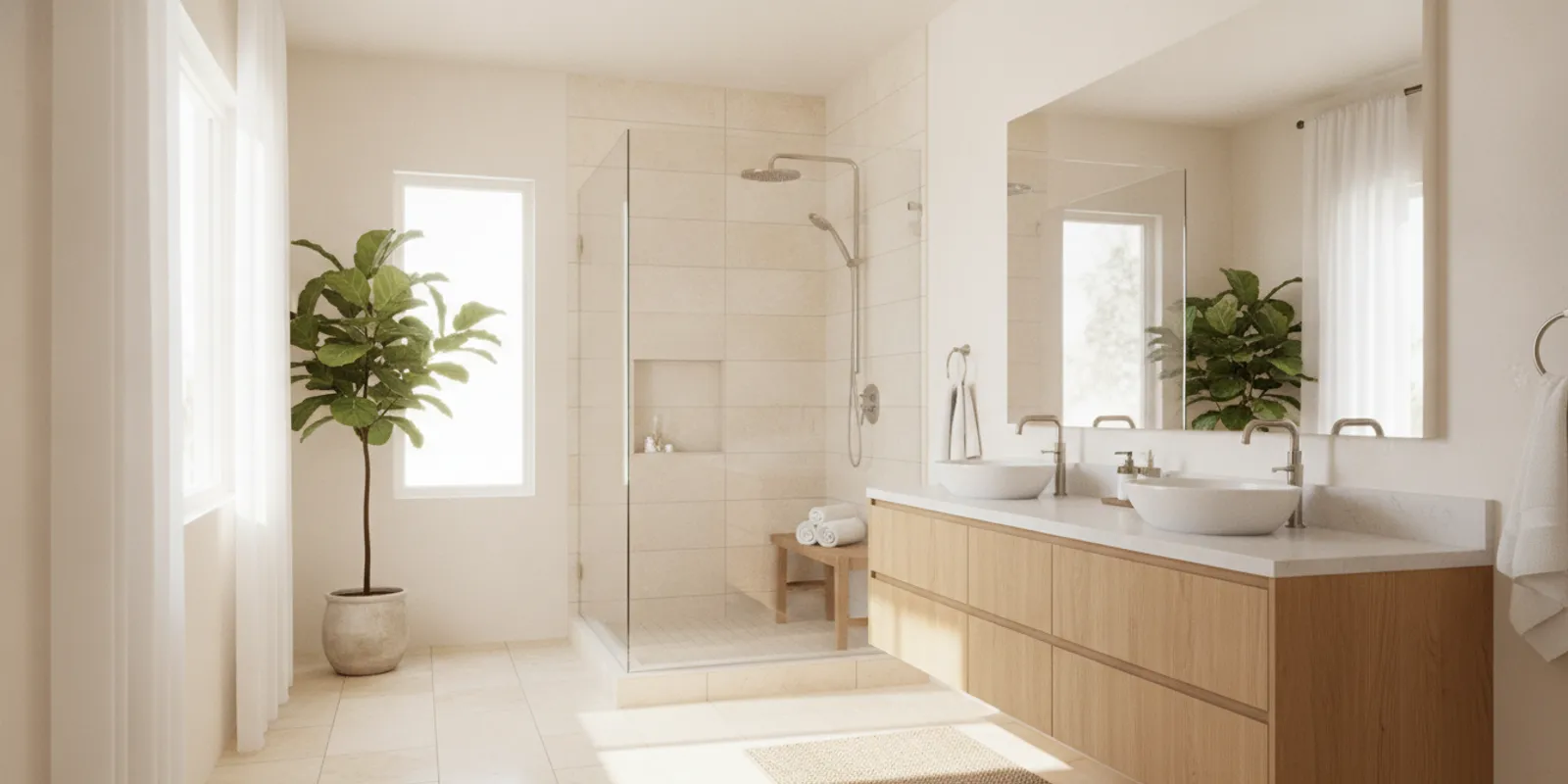Bright bathroom with light flooring beside a vanity and shower