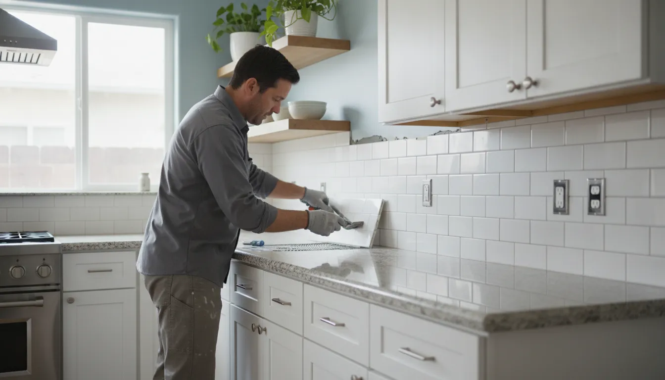 Kitchen backsplash installation around cabinets, countertops, and outlets