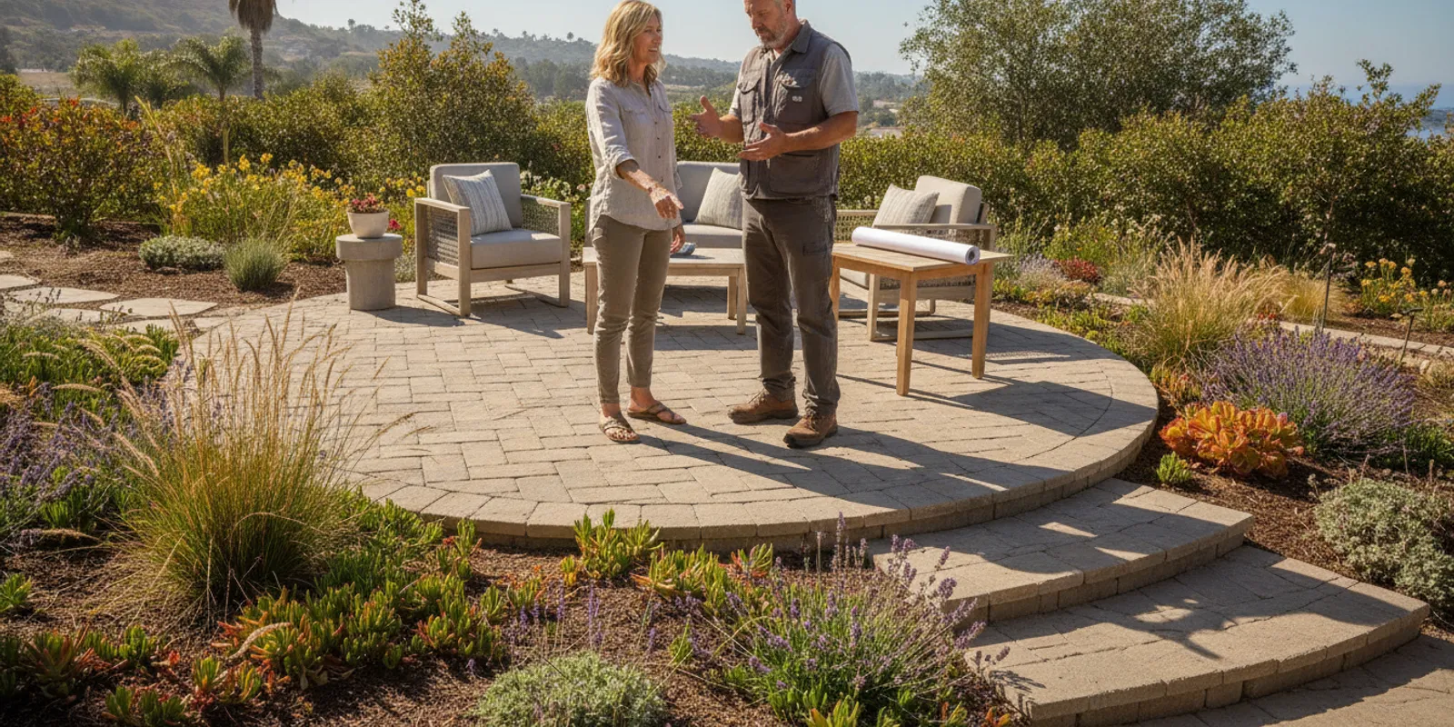 Outdoor living contractors reviewing a patio plan beside a finished San Diego backyard
