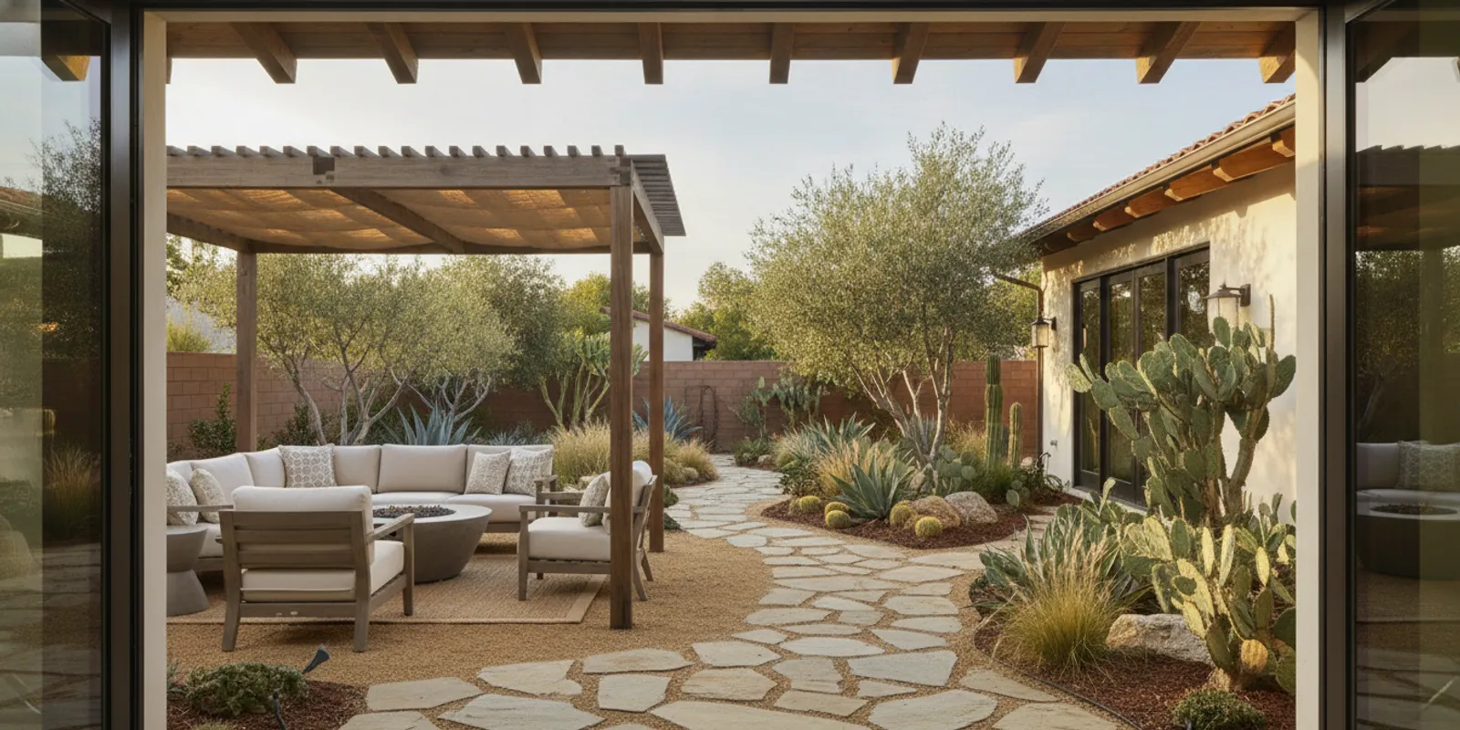 Shaded San Diego backyard with a comfortable seating area, garden planting, and a clear path from the home