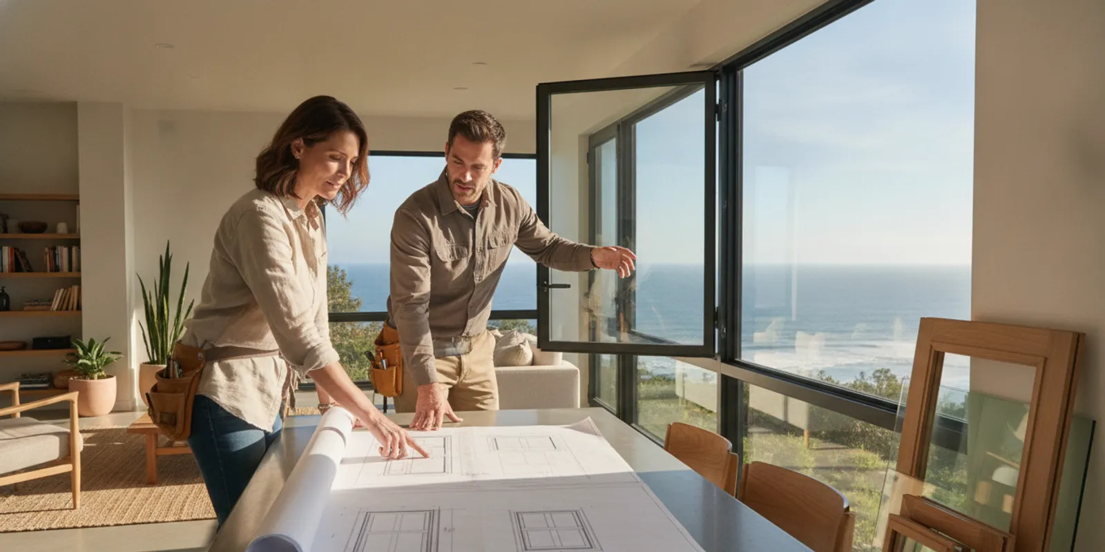 Homeowner reviewing replacement windows and doors plans with a remodeling professional in a bright San Diego home