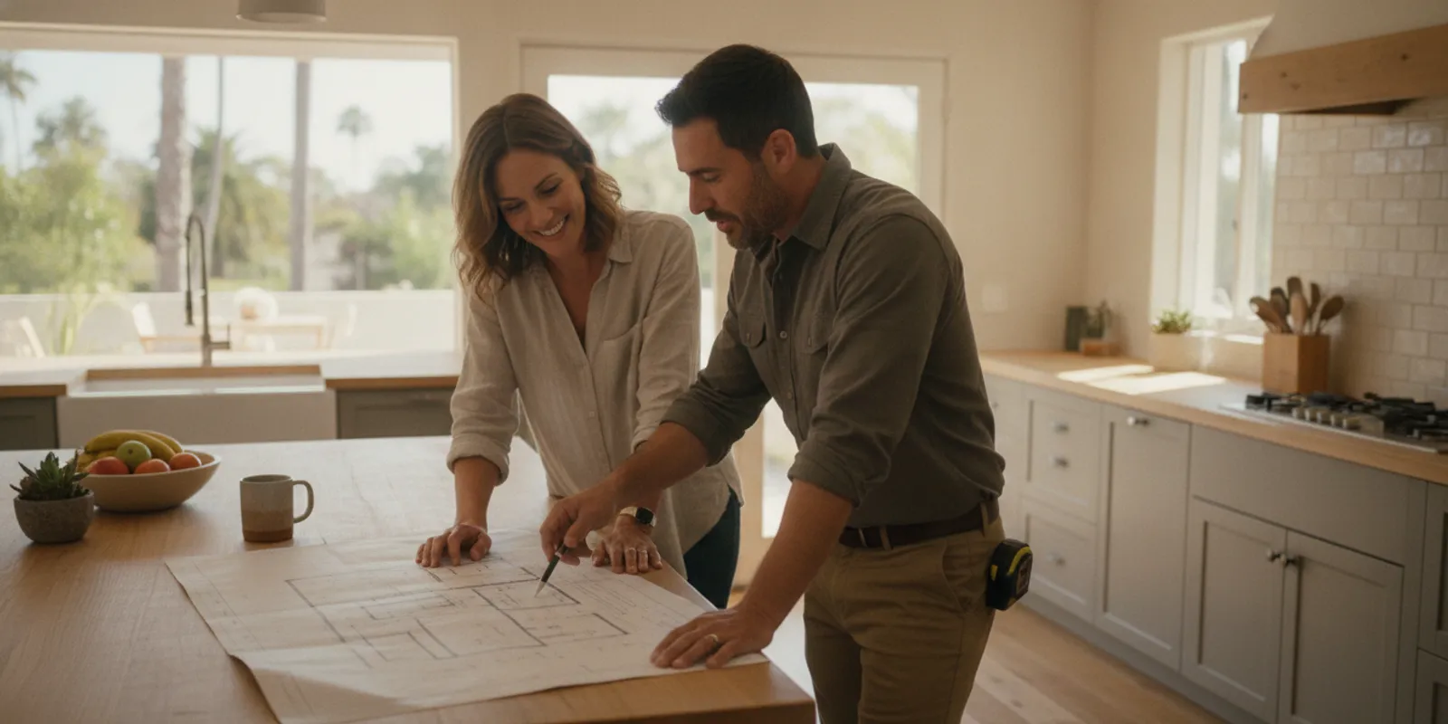 Homeowner and contractor reviewing kitchen remodel plans at a counter