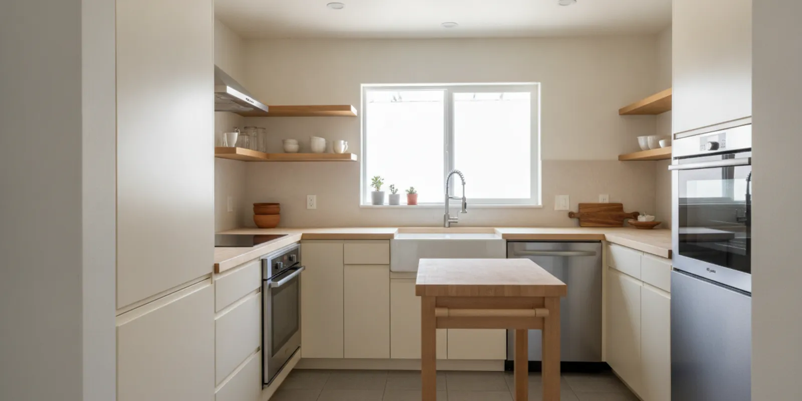 Compact, bright kitchen with streamlined cabinets, clear counters, and an efficient work area